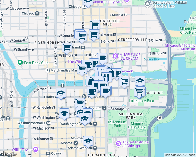 map of restaurants, bars, coffee shops, grocery stores, and more near 75 East Wacker Drive in Chicago