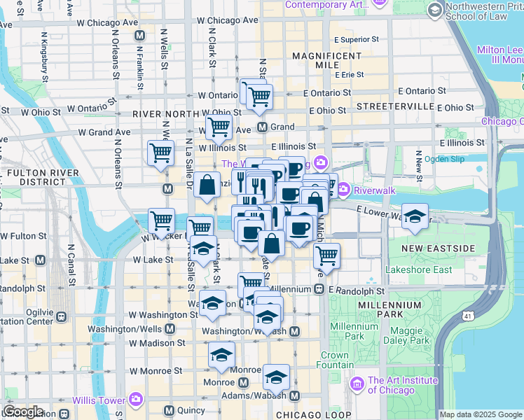 map of restaurants, bars, coffee shops, grocery stores, and more near 318 North State Street in Chicago