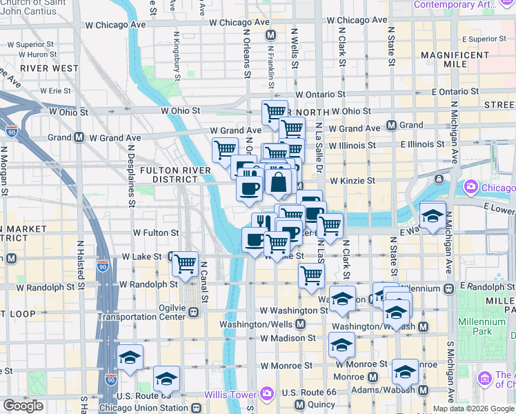 map of restaurants, bars, coffee shops, grocery stores, and more near 307 North Franklin Street in Chicago