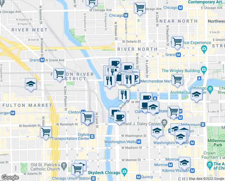map of restaurants, bars, coffee shops, grocery stores, and more near 343 West Wolf Point Plaza in Chicago