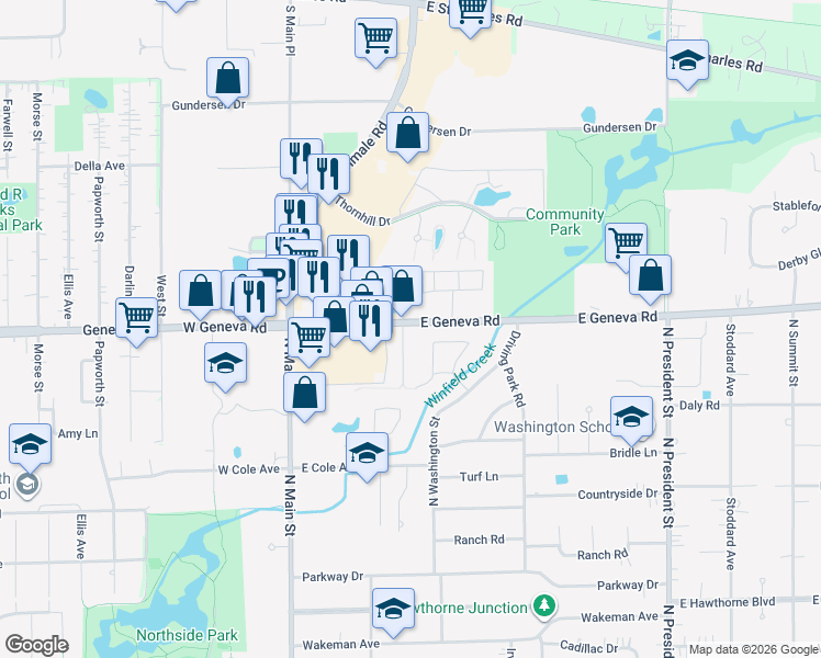 map of restaurants, bars, coffee shops, grocery stores, and more near 2106 Hallmark Court in Wheaton