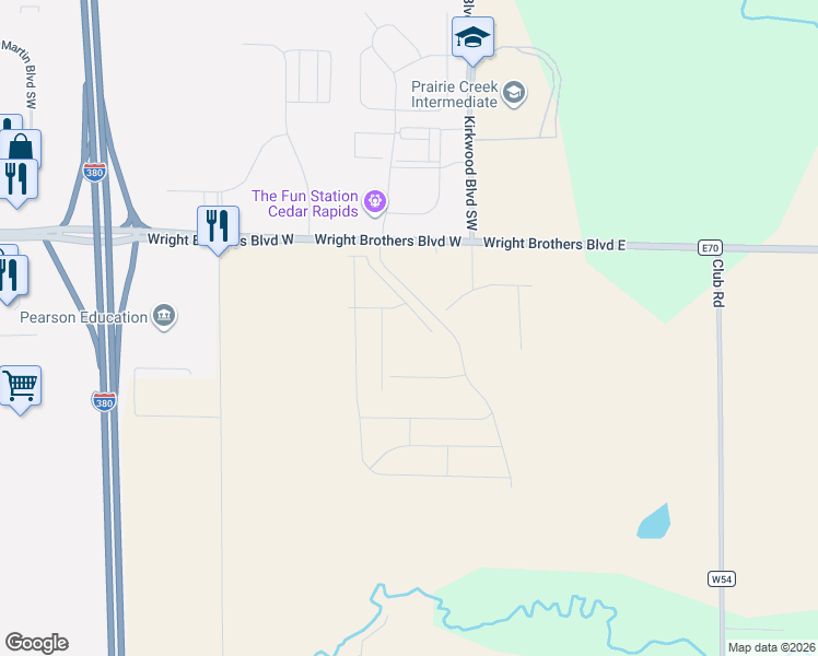 map of restaurants, bars, coffee shops, grocery stores, and more near 115 Wright Brothers Boulevard East in Cedar Rapids