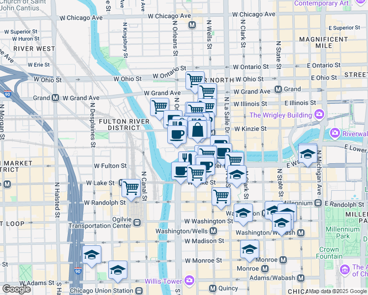 map of restaurants, bars, coffee shops, grocery stores, and more near 470 West Merchandise Mart Plaza in Chicago