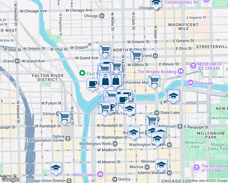 map of restaurants, bars, coffee shops, grocery stores, and more near 200 West Merchandise Mart Plaza in Chicago