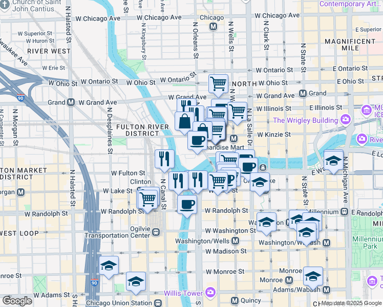 map of restaurants, bars, coffee shops, grocery stores, and more near 5 West Wolf Point Plaza in Chicago