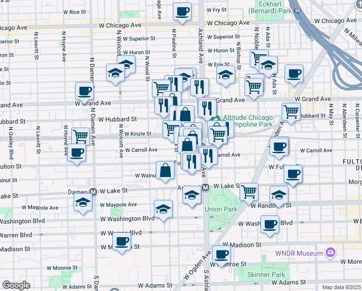 map of restaurants, bars, coffee shops, grocery stores, and more near 1651 West Carroll Avenue in Chicago