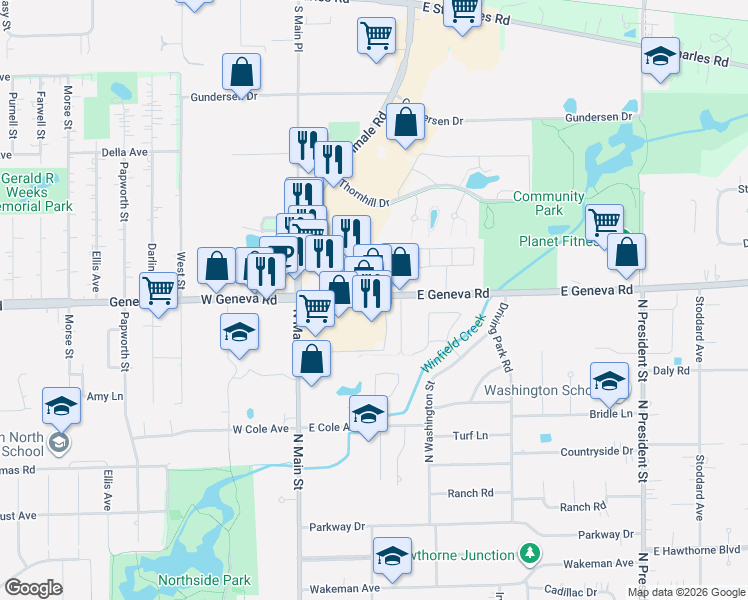 map of restaurants, bars, coffee shops, grocery stores, and more near 26w225 Geneva Road in Wheaton
