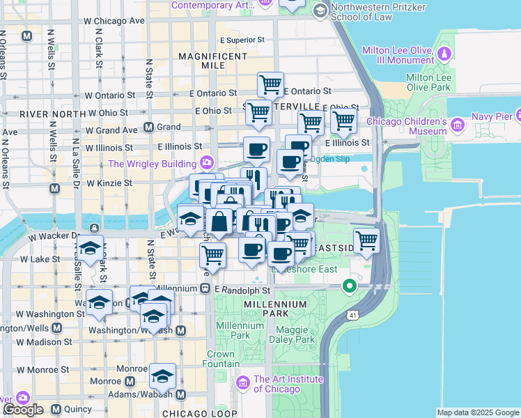map of restaurants, bars, coffee shops, grocery stores, and more near 345 East Lower Wacker Drive in Chicago
