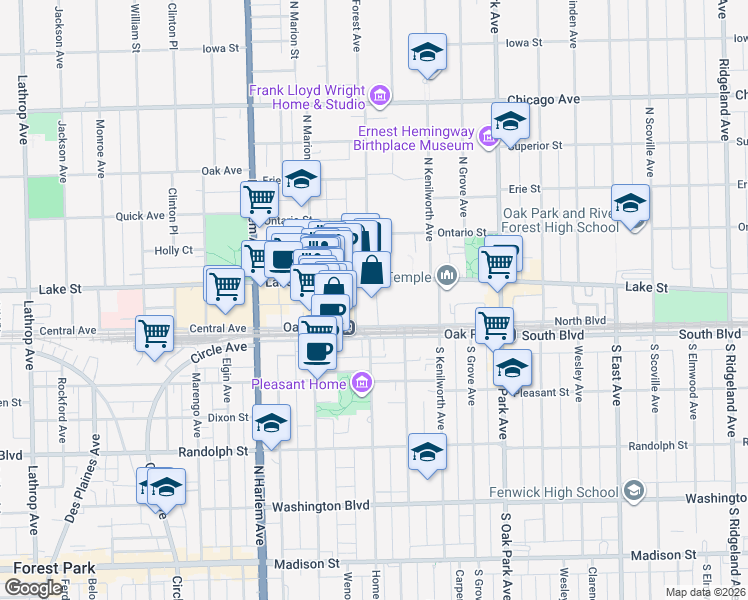 map of restaurants, bars, coffee shops, grocery stores, and more near 100 Forest Avenue in Oak Park