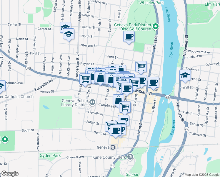 map of restaurants, bars, coffee shops, grocery stores, and more near 28 South 5th Street in Geneva