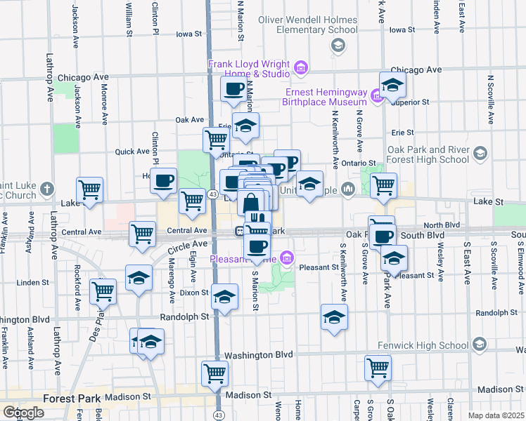 map of restaurants, bars, coffee shops, grocery stores, and more near 122 North Marion Street in Oak Park