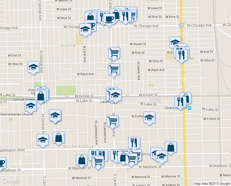 map of restaurants, bars, coffee shops, grocery stores, and more near 407 North Laramie Avenue in Chicago