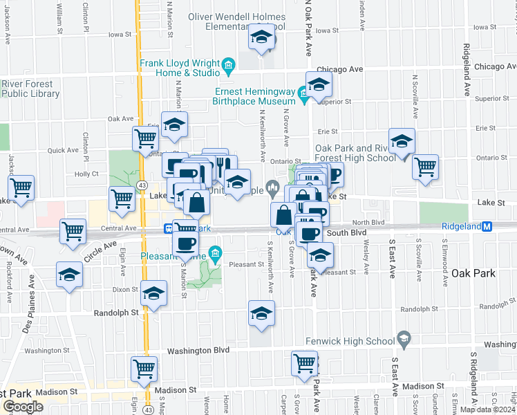 map of restaurants, bars, coffee shops, grocery stores, and more near in Oak Park