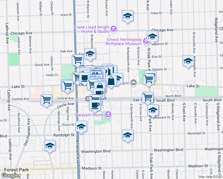 map of restaurants, bars, coffee shops, grocery stores, and more near 950 North Boulevard in Oak Park