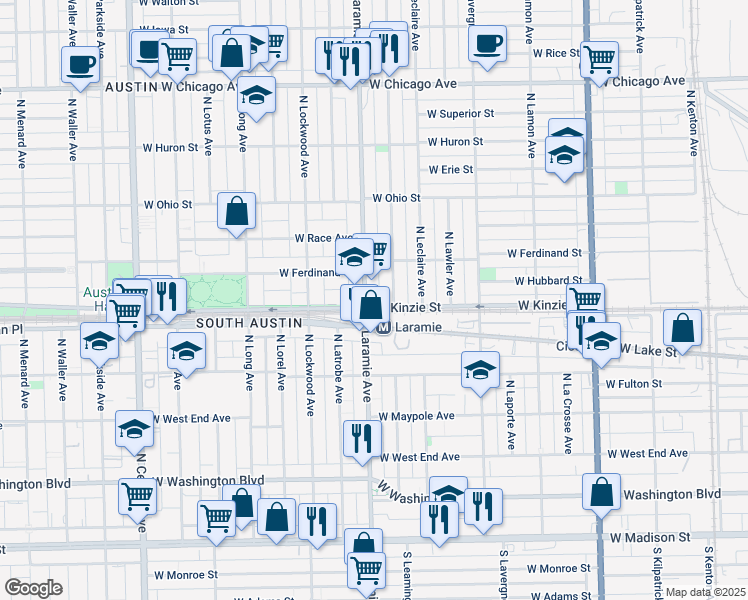 map of restaurants, bars, coffee shops, grocery stores, and more near 407 North Laramie Avenue in Chicago