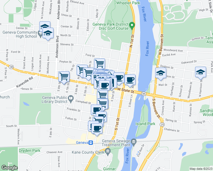 map of restaurants, bars, coffee shops, grocery stores, and more near 229 West State Street in Geneva