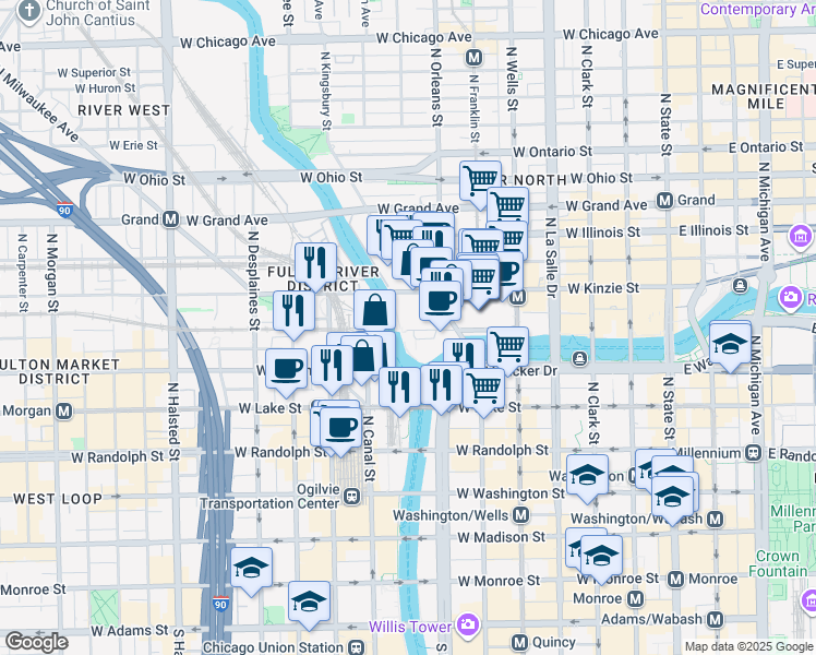 map of restaurants, bars, coffee shops, grocery stores, and more near 350 West Wolf Point Plaza in Chicago