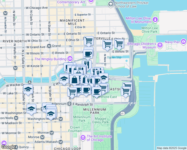 map of restaurants, bars, coffee shops, grocery stores, and more near North Columbus Drive in Chicago