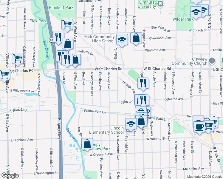 map of restaurants, bars, coffee shops, grocery stores, and more near 421 Berkley Avenue in Elmhurst