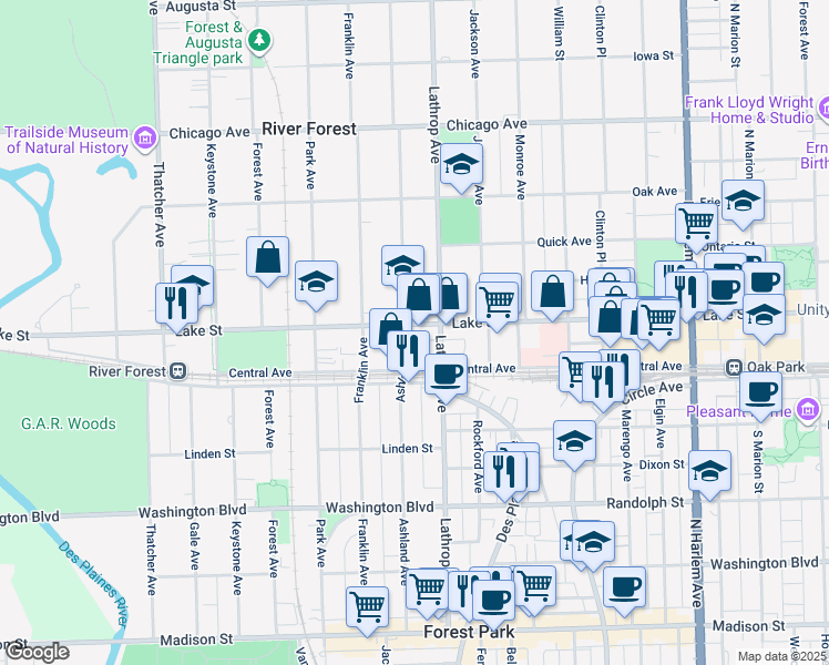 map of restaurants, bars, coffee shops, grocery stores, and more near 418 Ashland Avenue in River Forest
