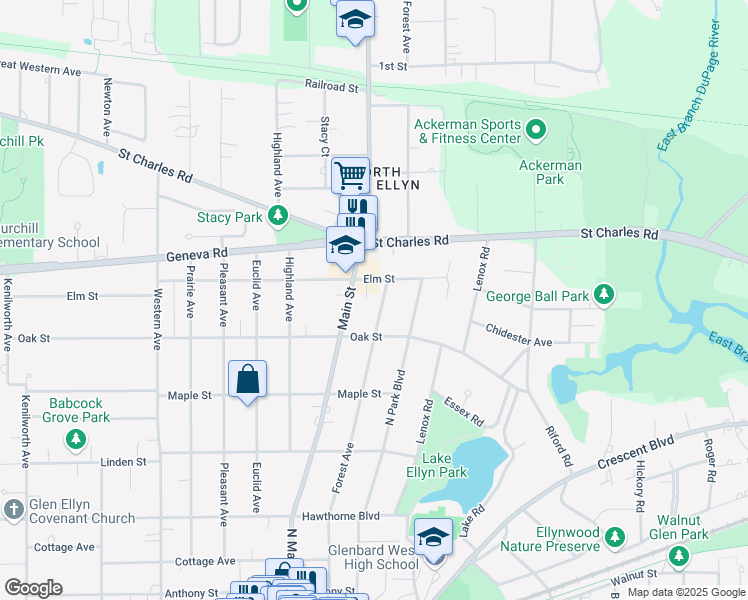 map of restaurants, bars, coffee shops, grocery stores, and more near 760 Forest Avenue in Glen Ellyn