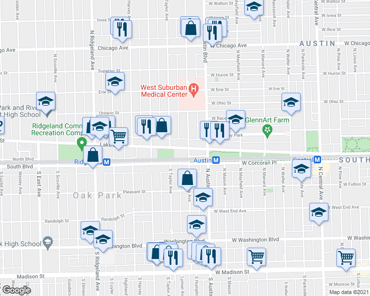 map of restaurants, bars, coffee shops, grocery stores, and more near 49 Lake Street in Oak Park