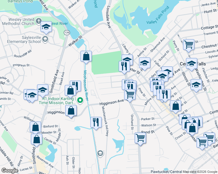 map of restaurants, bars, coffee shops, grocery stores, and more near 81 Emmett Street in Central Falls