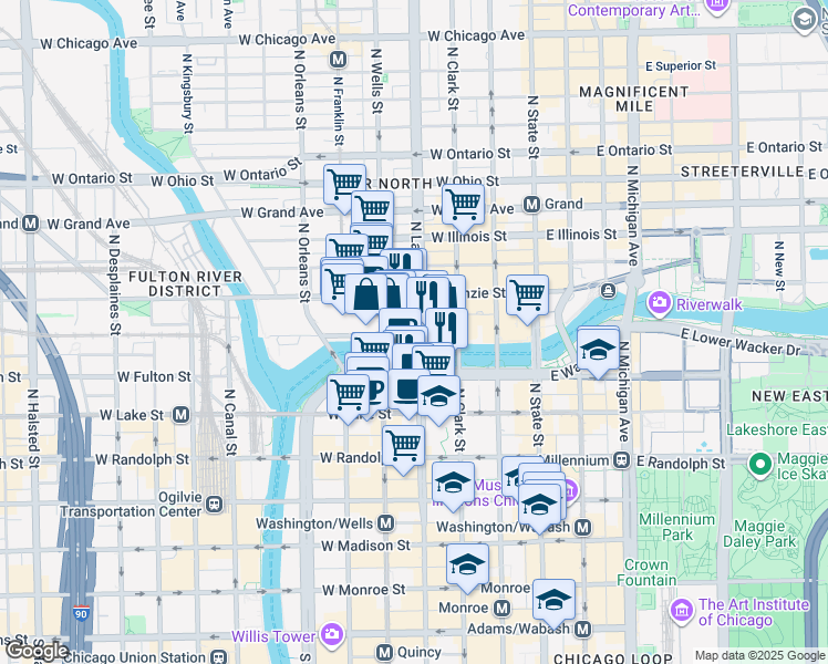 map of restaurants, bars, coffee shops, grocery stores, and more near 300 North La Salle Drive in Chicago