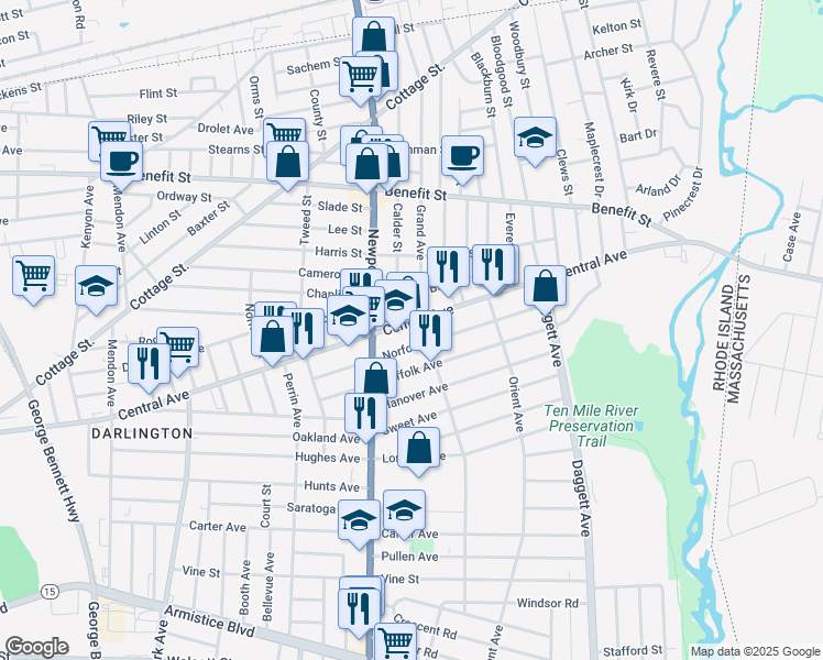 map of restaurants, bars, coffee shops, grocery stores, and more near 149 Norfolk Avenue in Pawtucket