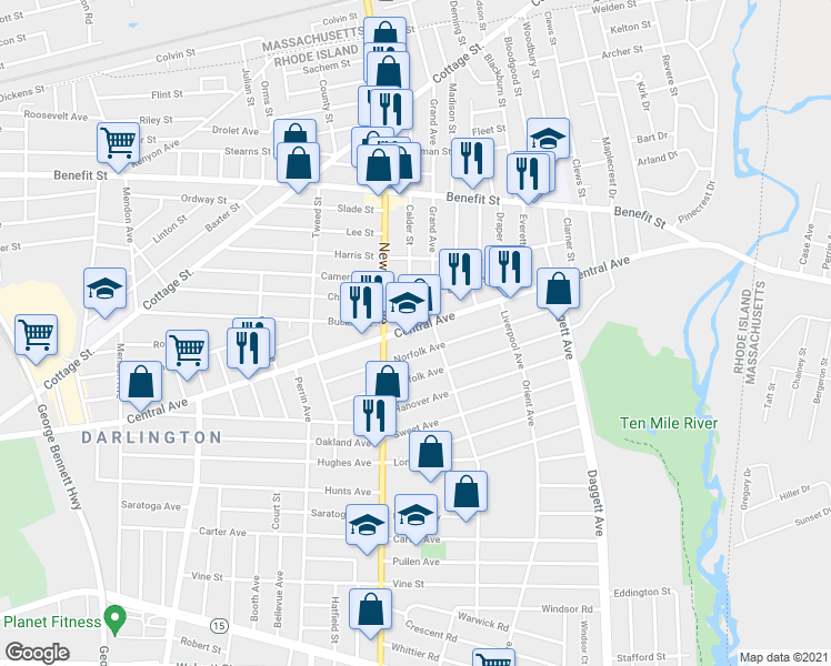 map of restaurants, bars, coffee shops, grocery stores, and more near 745 Central Avenue in Pawtucket