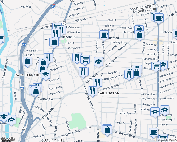 map of restaurants, bars, coffee shops, grocery stores, and more near Unnamed Road in Pawtucket