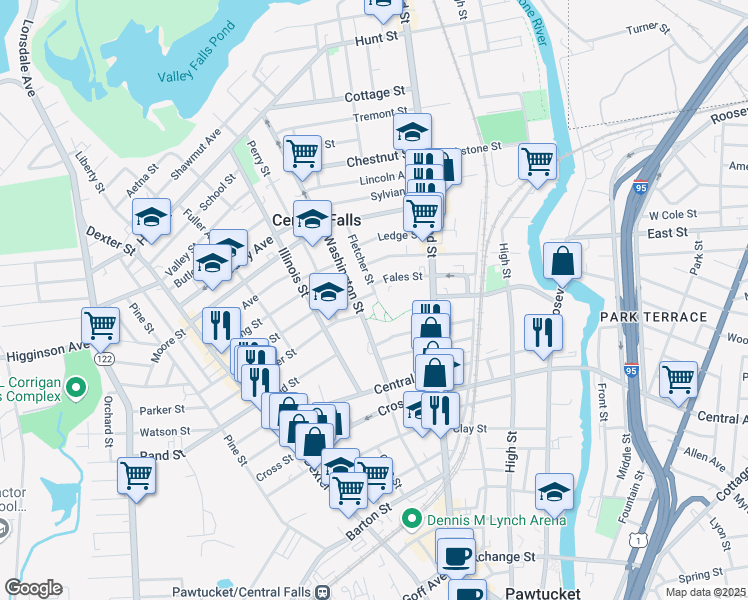map of restaurants, bars, coffee shops, grocery stores, and more near 602 Broad Street in Central Falls