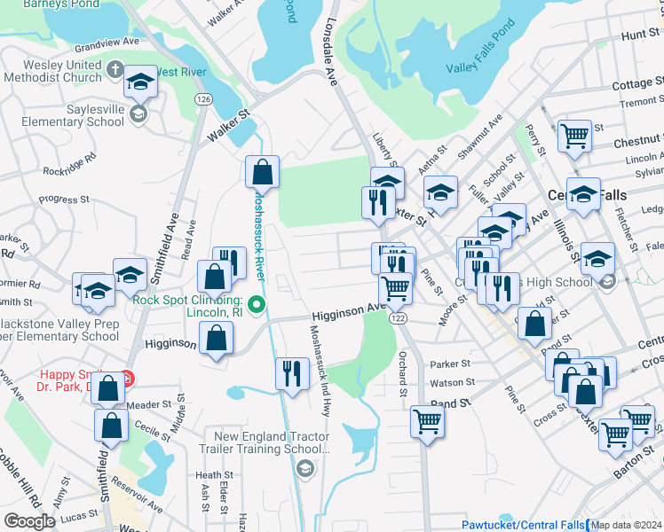 map of restaurants, bars, coffee shops, grocery stores, and more near 81 Emmett Street in Central Falls
