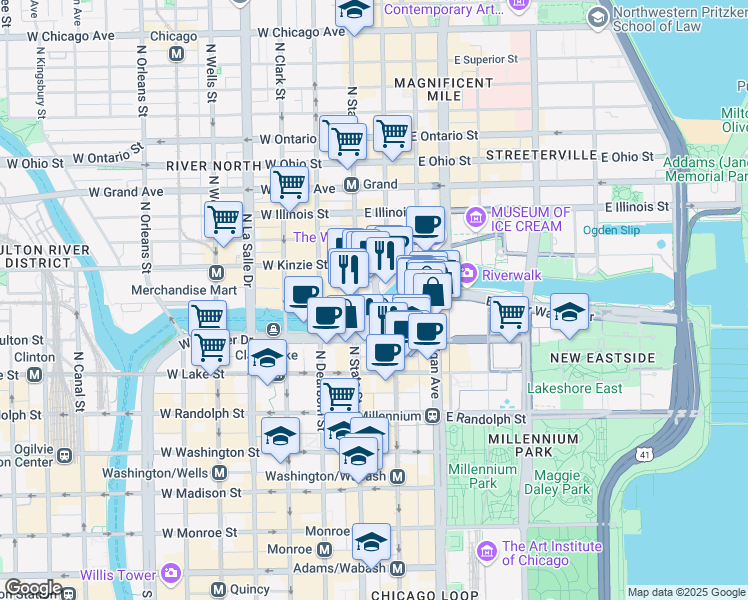 map of restaurants, bars, coffee shops, grocery stores, and more near 325 North Wabash Avenue in Chicago