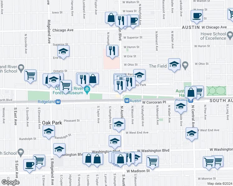 map of restaurants, bars, coffee shops, grocery stores, and more near in Oak Park