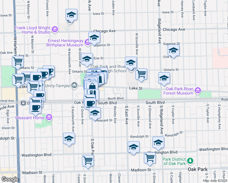 map of restaurants, bars, coffee shops, grocery stores, and more near 668 North Boulevard in Oak Park