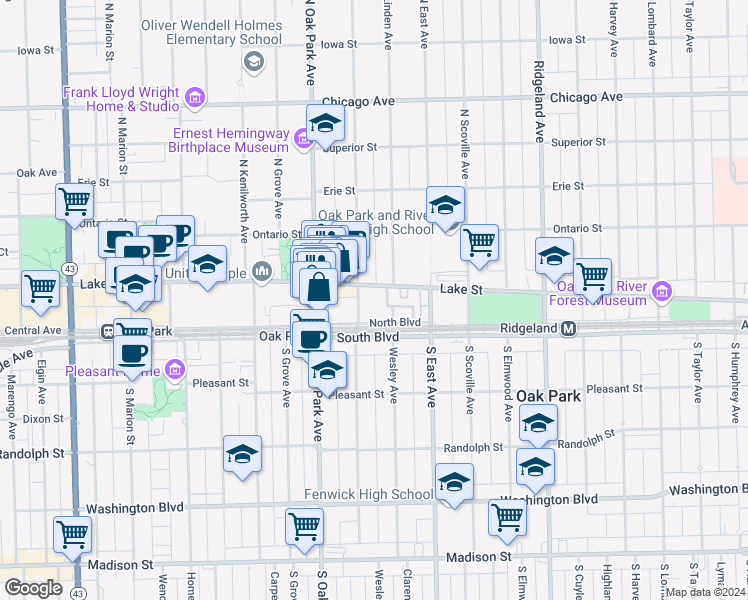 map of restaurants, bars, coffee shops, grocery stores, and more near 668 North Boulevard in Oak Park