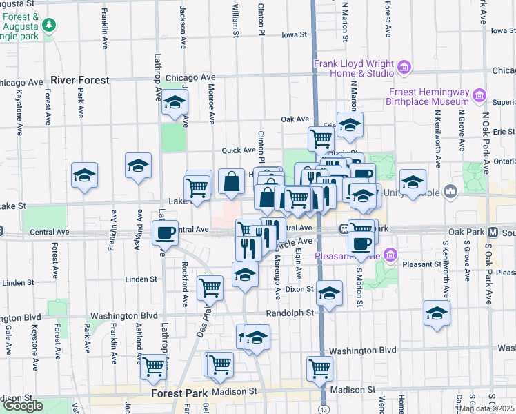 map of restaurants, bars, coffee shops, grocery stores, and more near 418 Clinton Place in River Forest