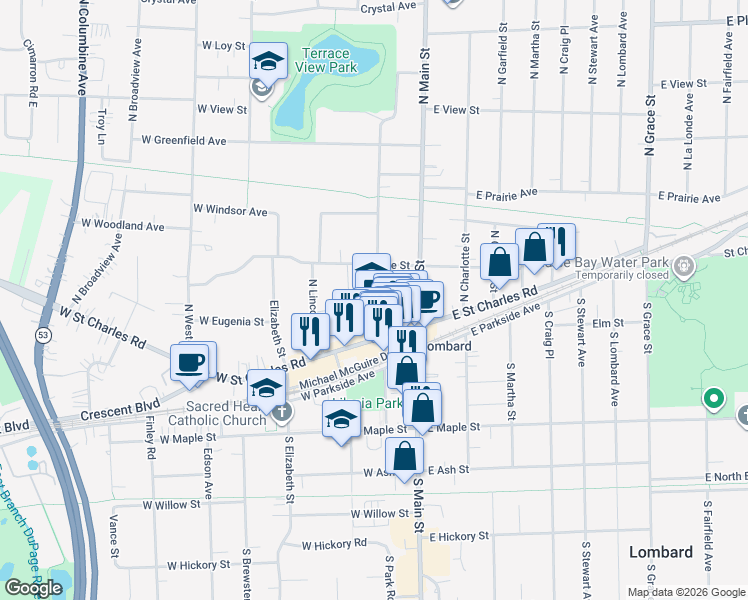 map of restaurants, bars, coffee shops, grocery stores, and more near 16 North Park Avenue in Lombard