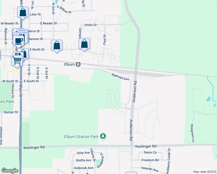 map of restaurants, bars, coffee shops, grocery stores, and more near 795 Simpson Avenue in Elburn