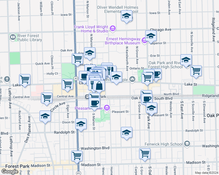 map of restaurants, bars, coffee shops, grocery stores, and more near 950 North Boulevard in Oak Park