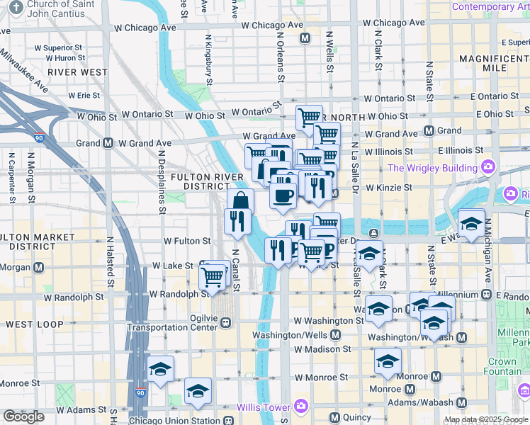 map of restaurants, bars, coffee shops, grocery stores, and more near 350 West Mart Center Drive in Chicago