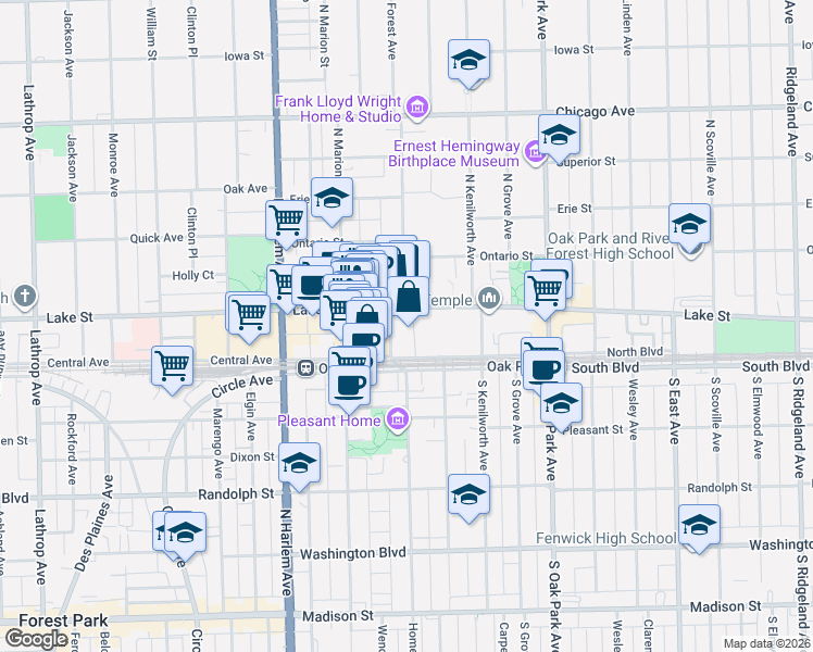 map of restaurants, bars, coffee shops, grocery stores, and more near 950 North Boulevard in Oak Park