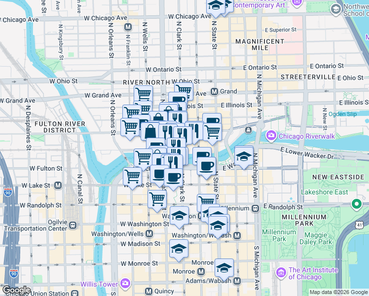 map of restaurants, bars, coffee shops, grocery stores, and more near 321 North Clark Street in Chicago