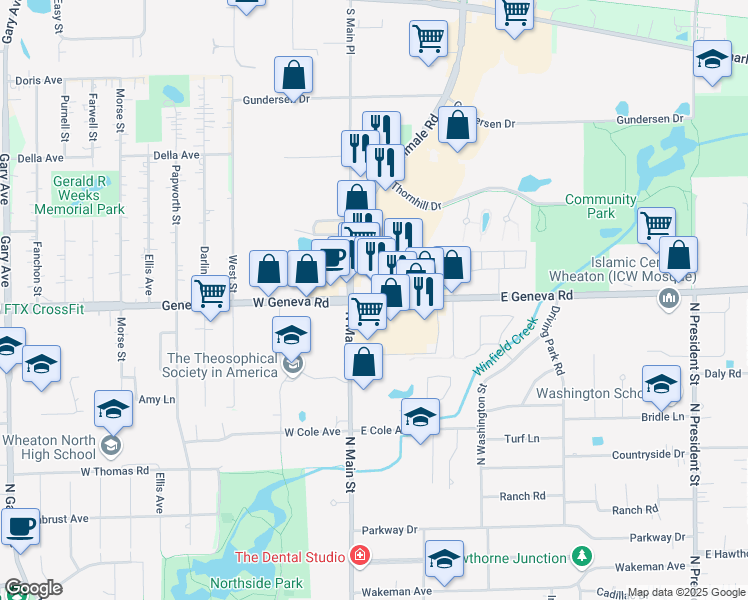map of restaurants, bars, coffee shops, grocery stores, and more near 204 East Geneva Road in Wheaton