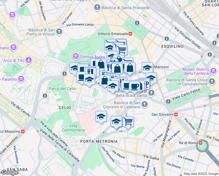 map of restaurants, bars, coffee shops, grocery stores, and more near 21 Via dei Santi Quattro in Rome