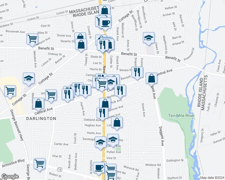 map of restaurants, bars, coffee shops, grocery stores, and more near 783 Central Avenue in Pawtucket