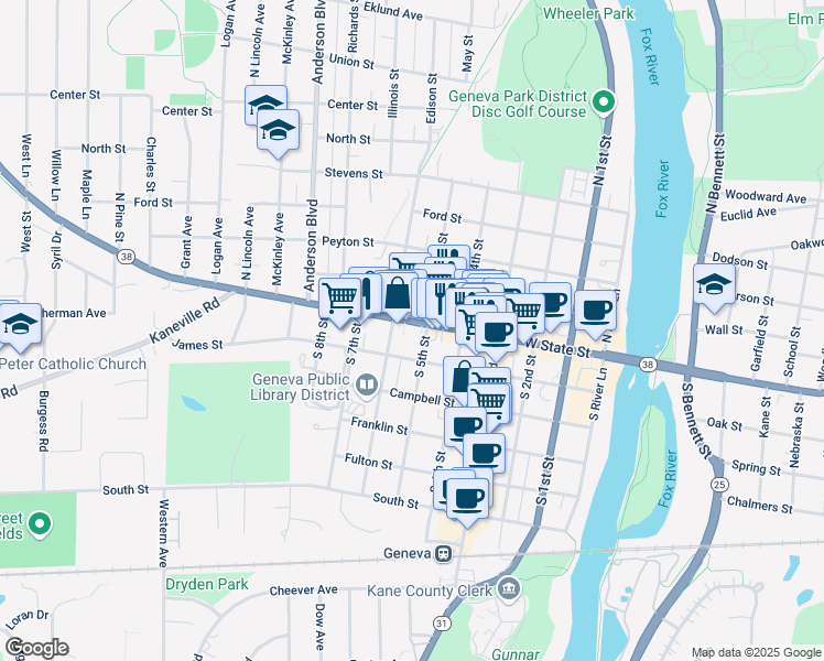 map of restaurants, bars, coffee shops, grocery stores, and more near 28 South 5th Street in Geneva