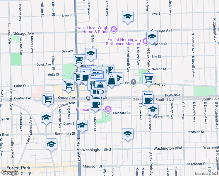 map of restaurants, bars, coffee shops, grocery stores, and more near 100 Forest Place in Oak Park