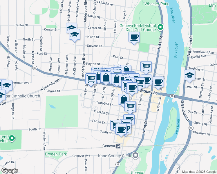 map of restaurants, bars, coffee shops, grocery stores, and more near 28 South 5th Street in Geneva